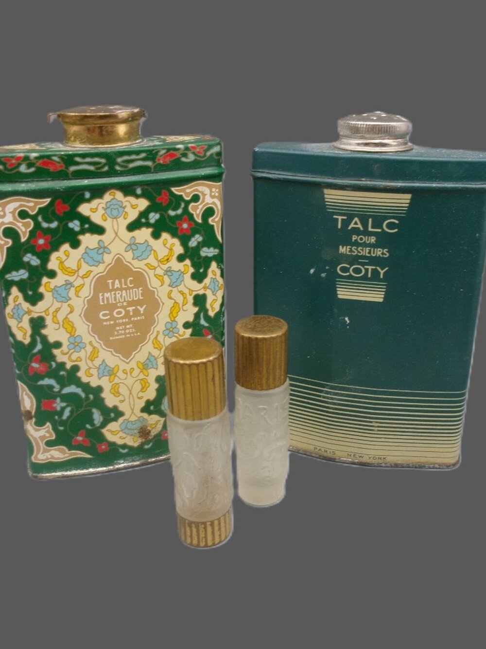 Vtg Coty Vanity Display Lot:Emeraude & Pour Messieurs Talc Tins, Mini Bottles